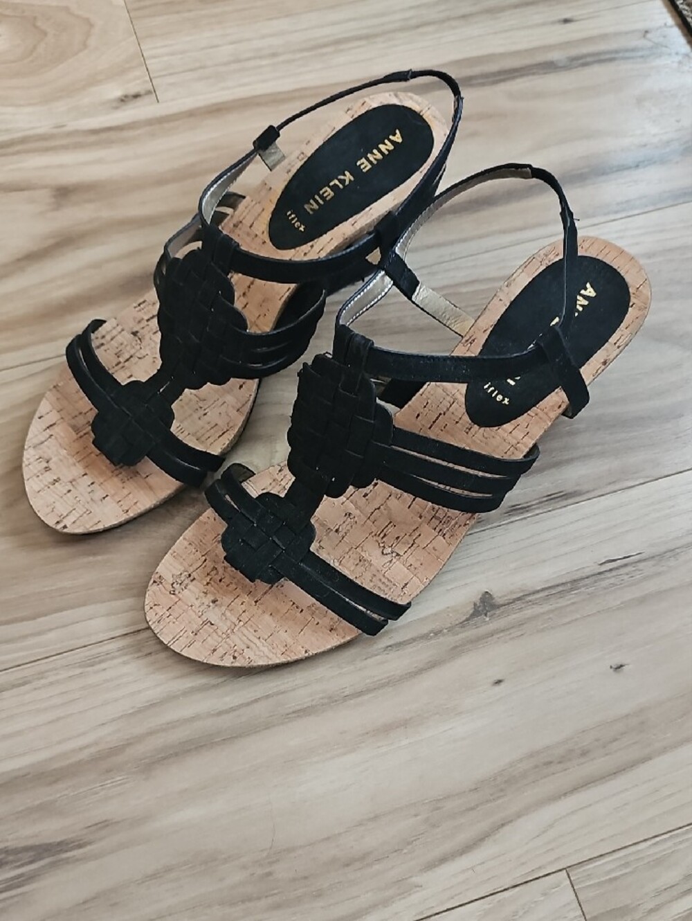 Anne Klein Black Woven Cork-Style Strap Sandals